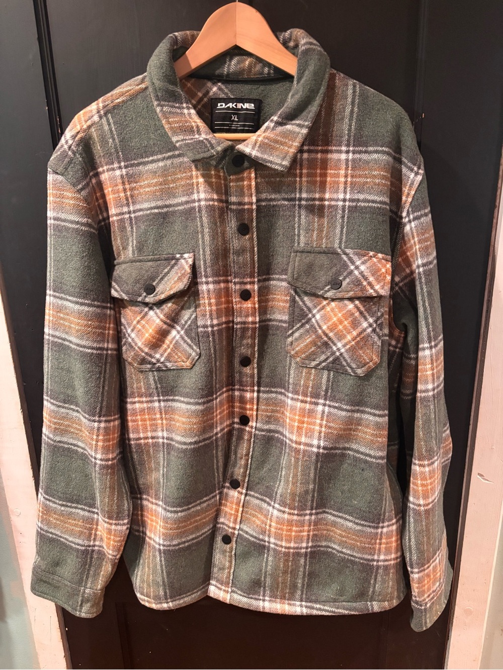 Dakine Fleece Lined Plaid Shacket Jacket Green Brown Snap Front Men’s XL